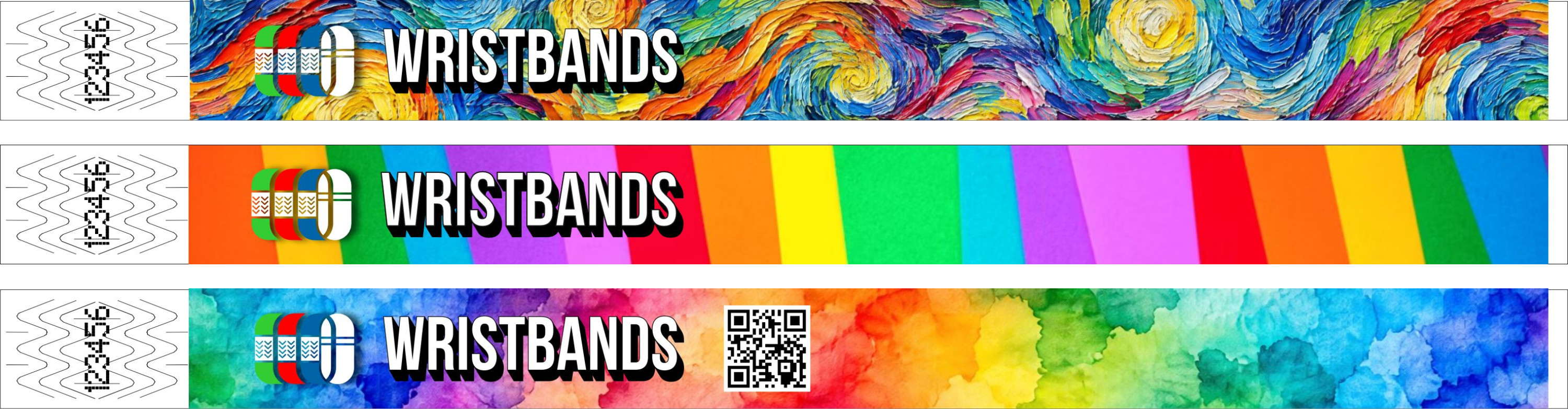 Drie polsbandjes in fullcolour druk: een schilderij, kleurvlakken en een QR-code