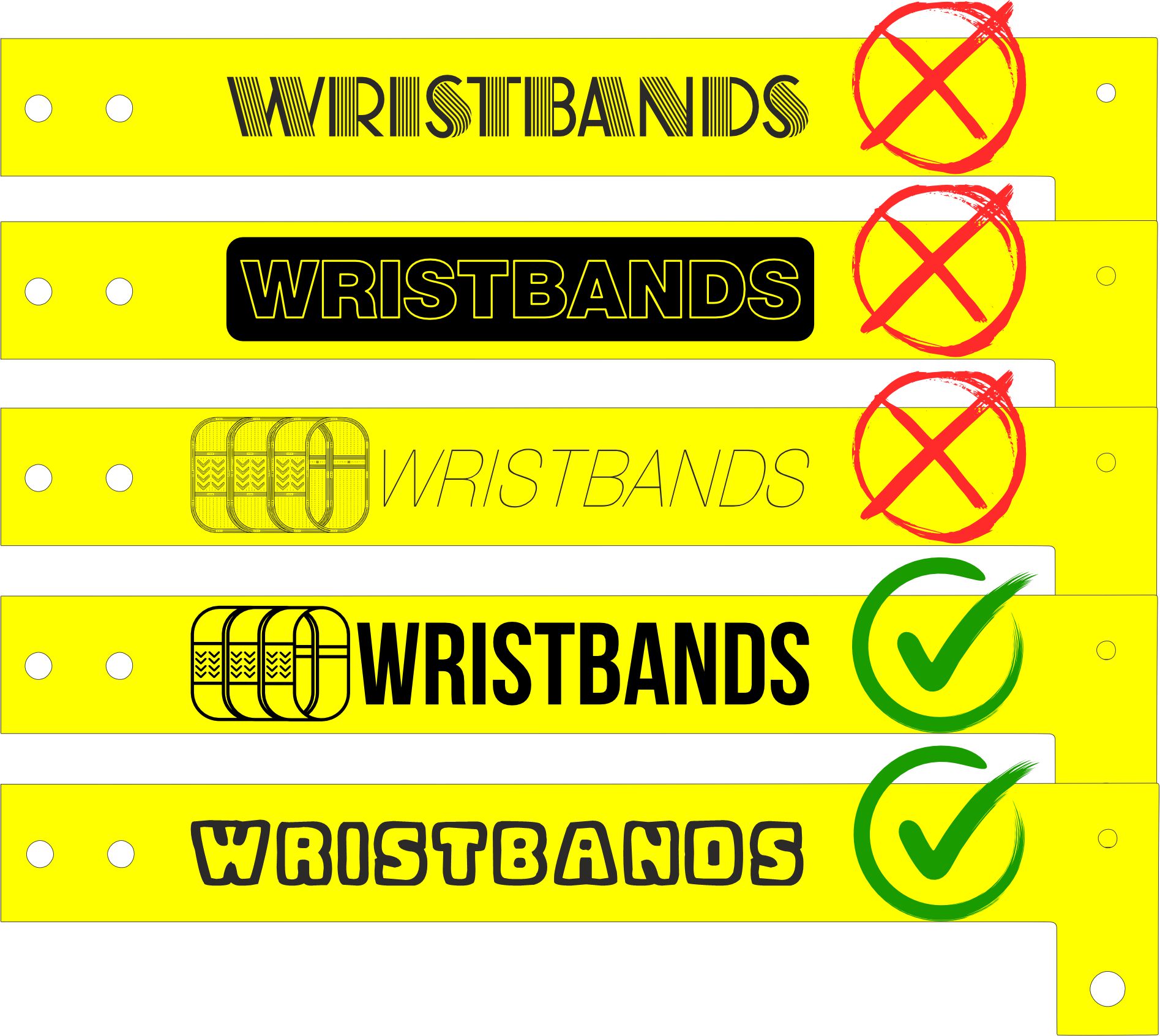 Vijf vinyl polsbandjes: drie afgekeurde ontwerpen met haarlijnen, contouren en fijne details, en twee goedgekeurde ontwerpen in volle vormen