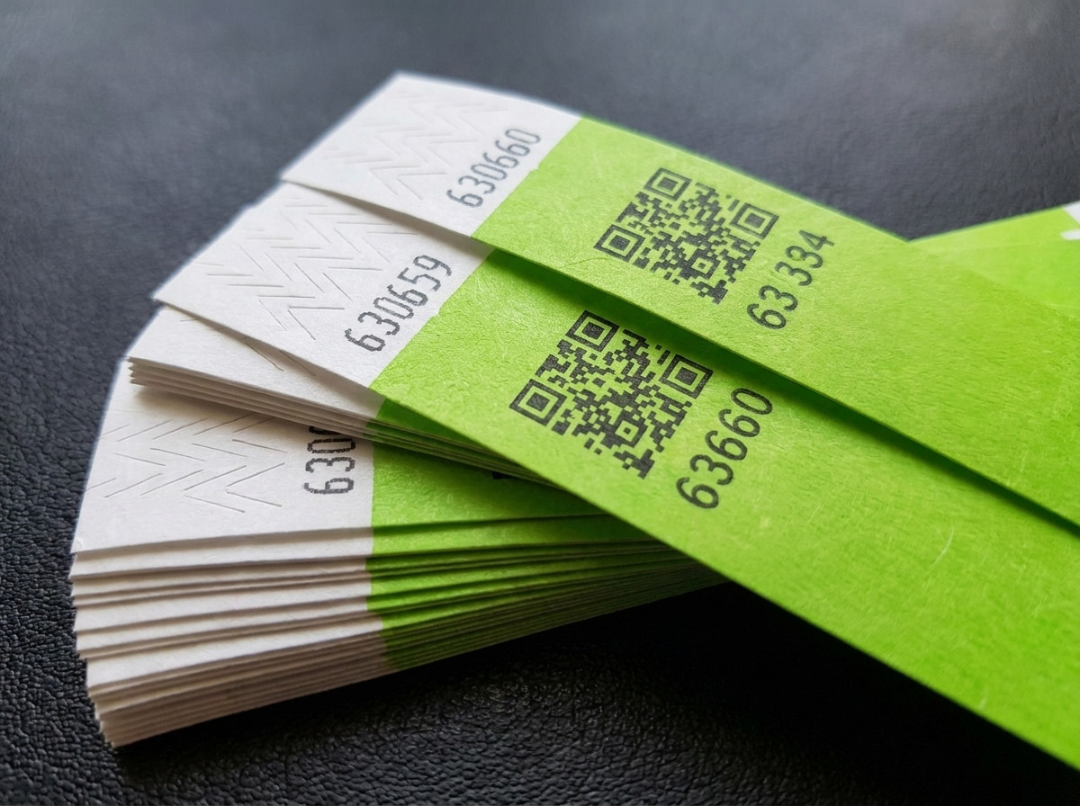 Stapel gepersonaliseerde Tyvek-polsbandjes met QR-code en opeenvolgende nummering, met zichtbare anti-transfersluiting