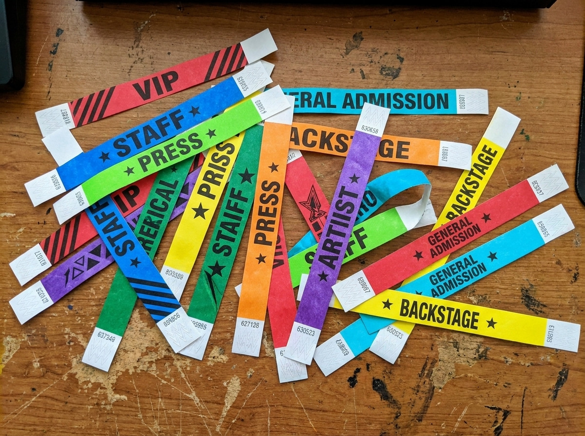 Gekleurde Tyvek-festivalArmbanden uitgestald op een regijtafel, met verschillende kleuren en bedrukking om soorten passen te onderscheiden