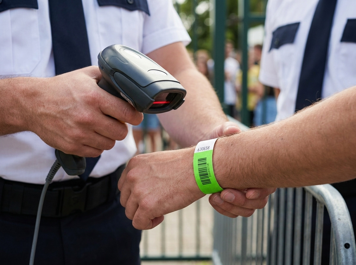 Beveiligingsmedewerker die de streepjescode van een Tyvek-polsbandje scant bij de toegangscontrole van een openluchtfestival, met een laserscanner in de hand