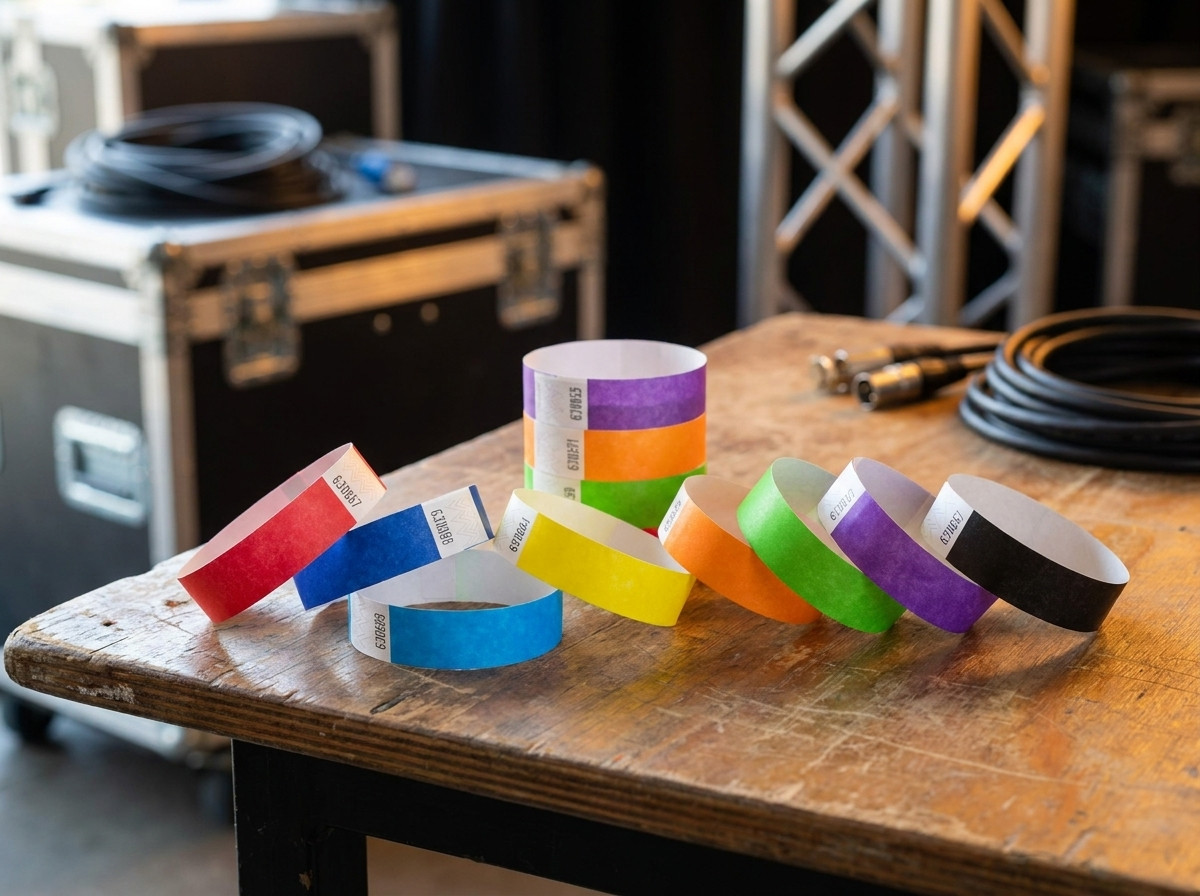 Assortiment van backstage concert-armbanden in meerdere kleuren uitgestald op een scenische productietafel