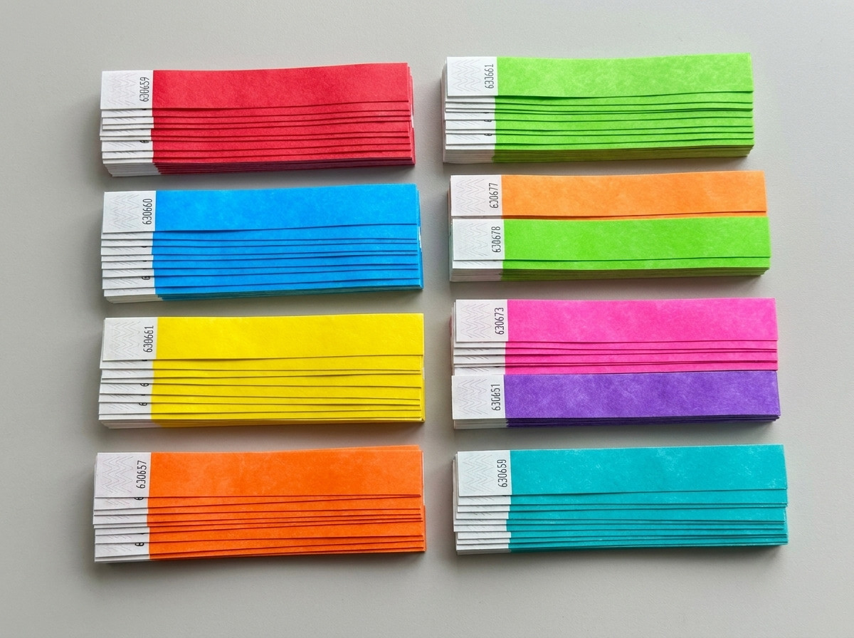Gekleurde Tyvek armbanden voor een meerdaags festival met meerdere podia, gestapeld per kleur die elk podium en elke dag vertegenwoordigt