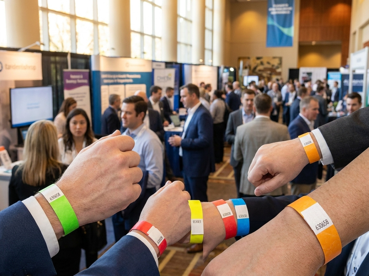 Gekleurde Tyvek armbanden gedragen door professionals aan de ingang van een B2B-beurs, met zichtbare streepjescode en anti-transfer sluiting