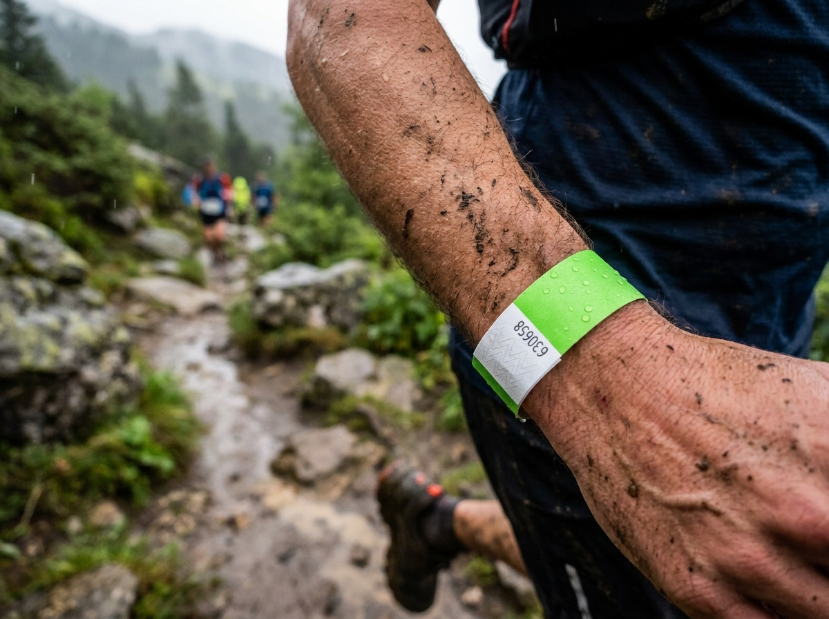Trailrunner met een moddervast identificatie polsbandje tijdens een bergrace