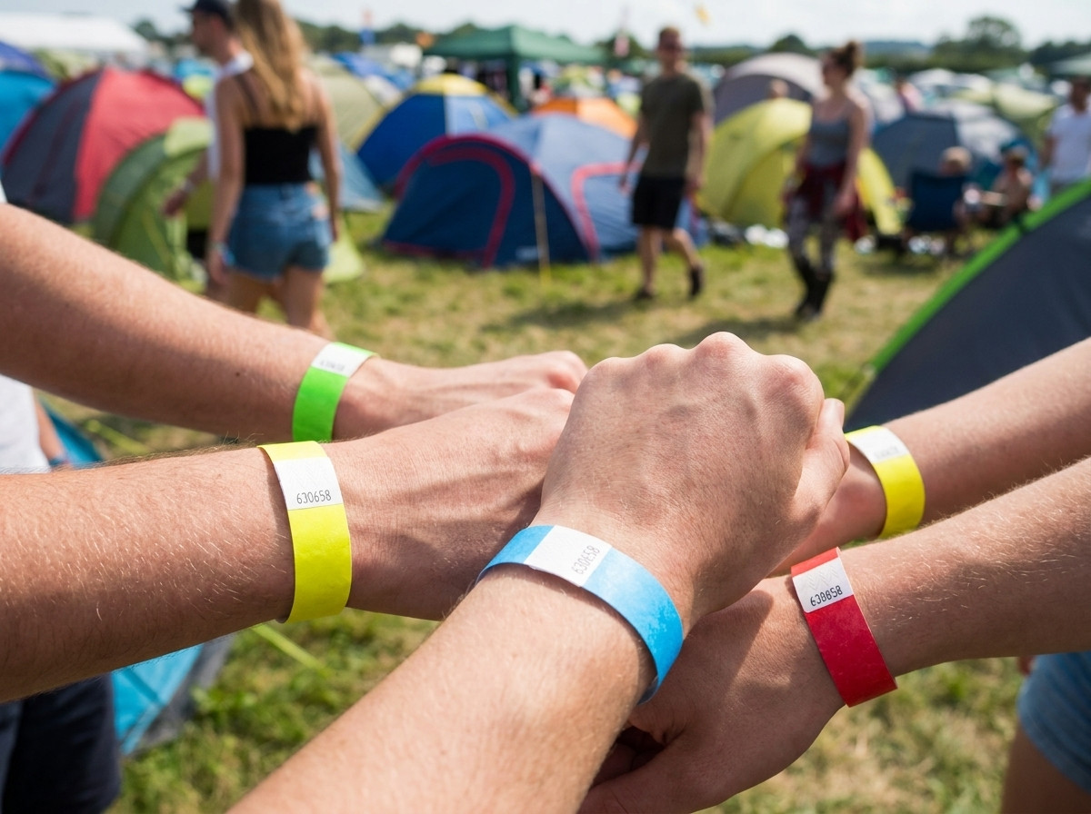 Gekleurde identificatiearmbanden gedragen door festivalgangers voor een kampeerterrein bij een openluchtfestival met tenten op de achtergrond