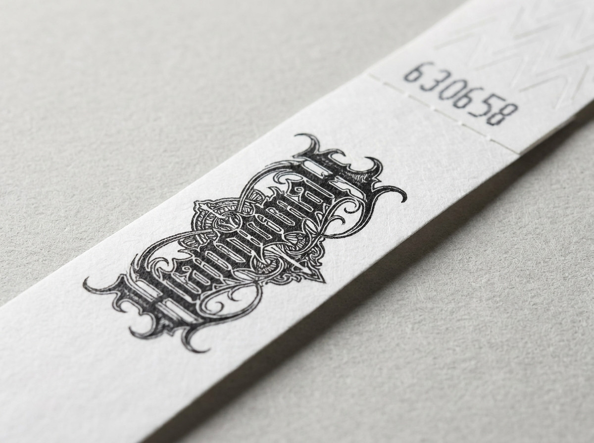 Close-up van een Tyvek-polsbandje met HD-bedrukking waarop een complex logo met levendige kleuren en fijne details te zien is