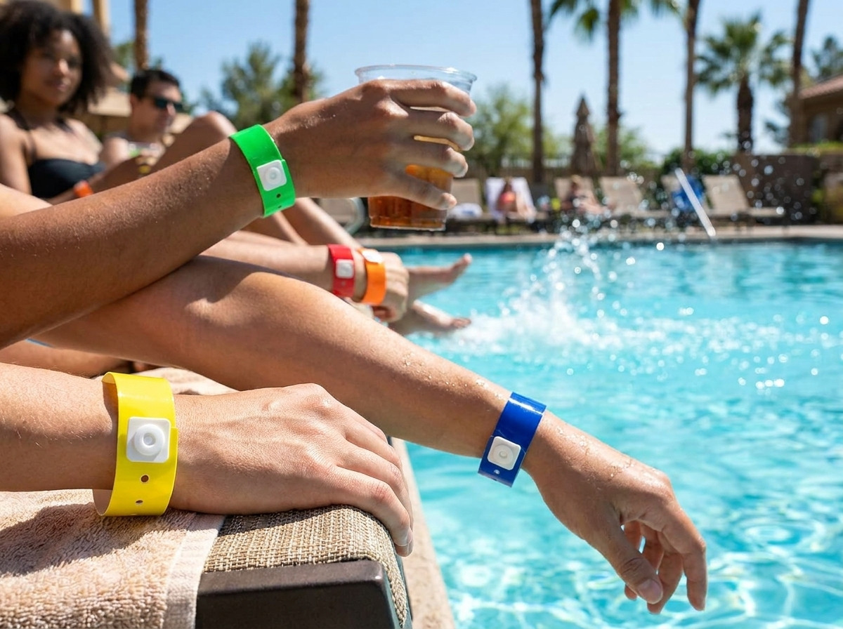 Gekleurde vinyl armbanden gedragen om de pols van gasten aan de rand van een zonnig buitenzwembad van een hotel