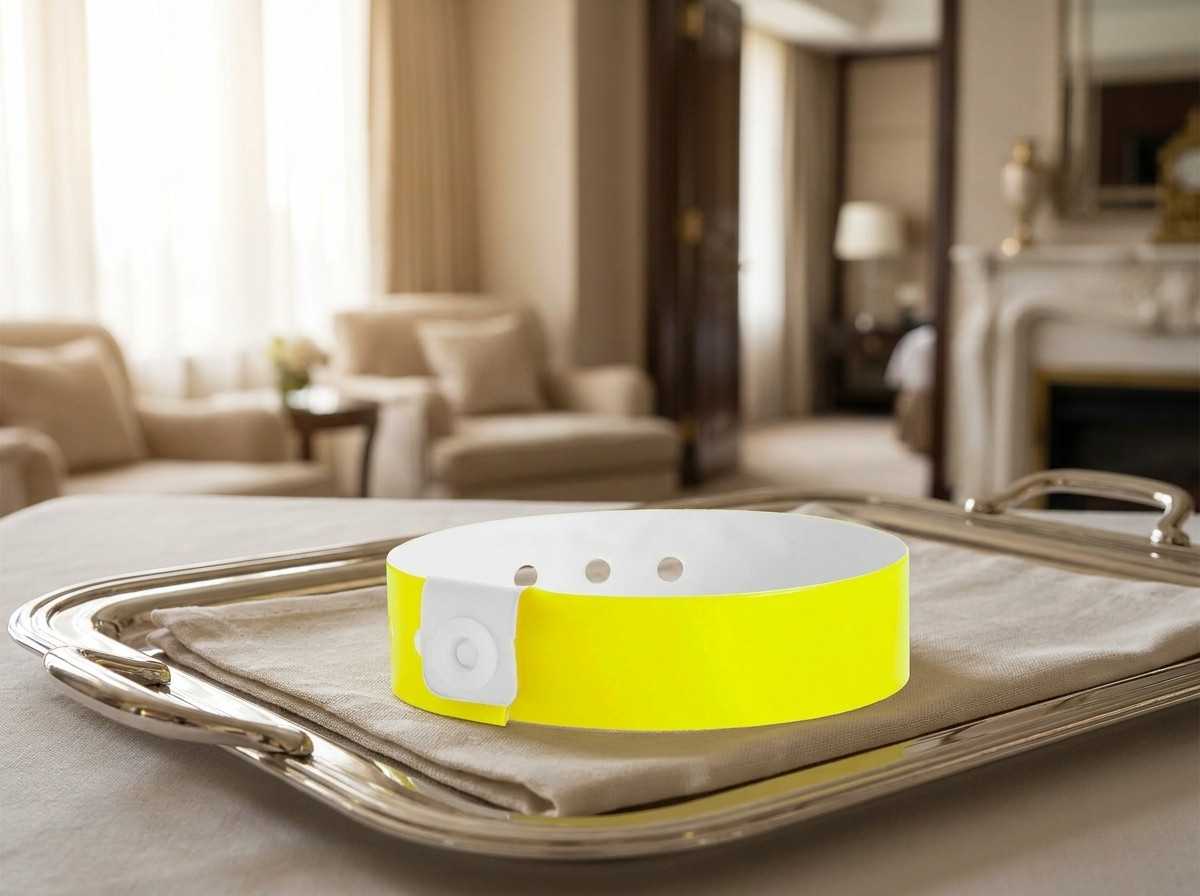 Gepersonaliseerd VIP-armband voor een hotelsuitegas, geplaatst op een elegant dienblad