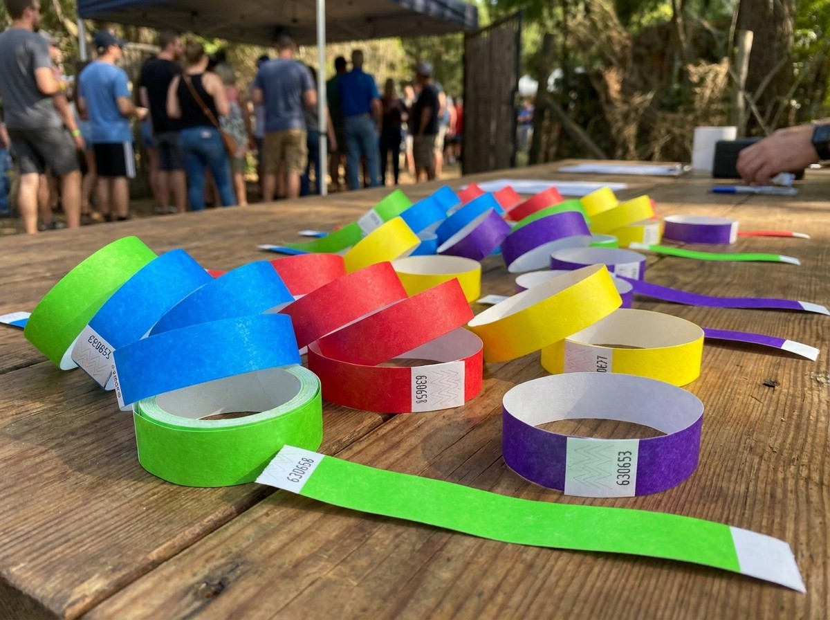 Gepersonaliseerde Tyvek identificatie-armbanden voor kinderen, patienten en evenementen, neergelegd op een tafel met leesbare HD-bedrukking
