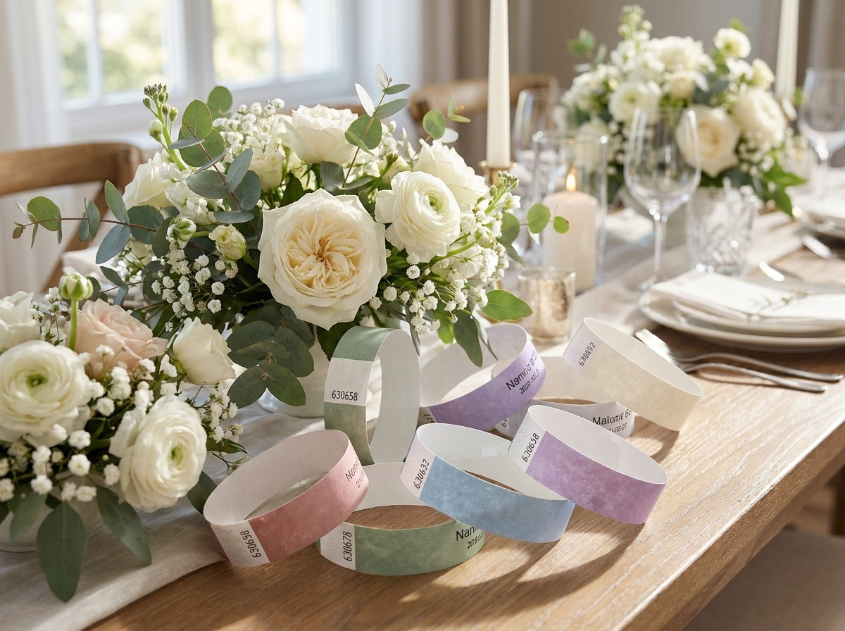 Gekleurde gepersonaliseerde Tyvek-armbanden voor een bruiloft, uitgestald op een tafel met bloemendecoratie