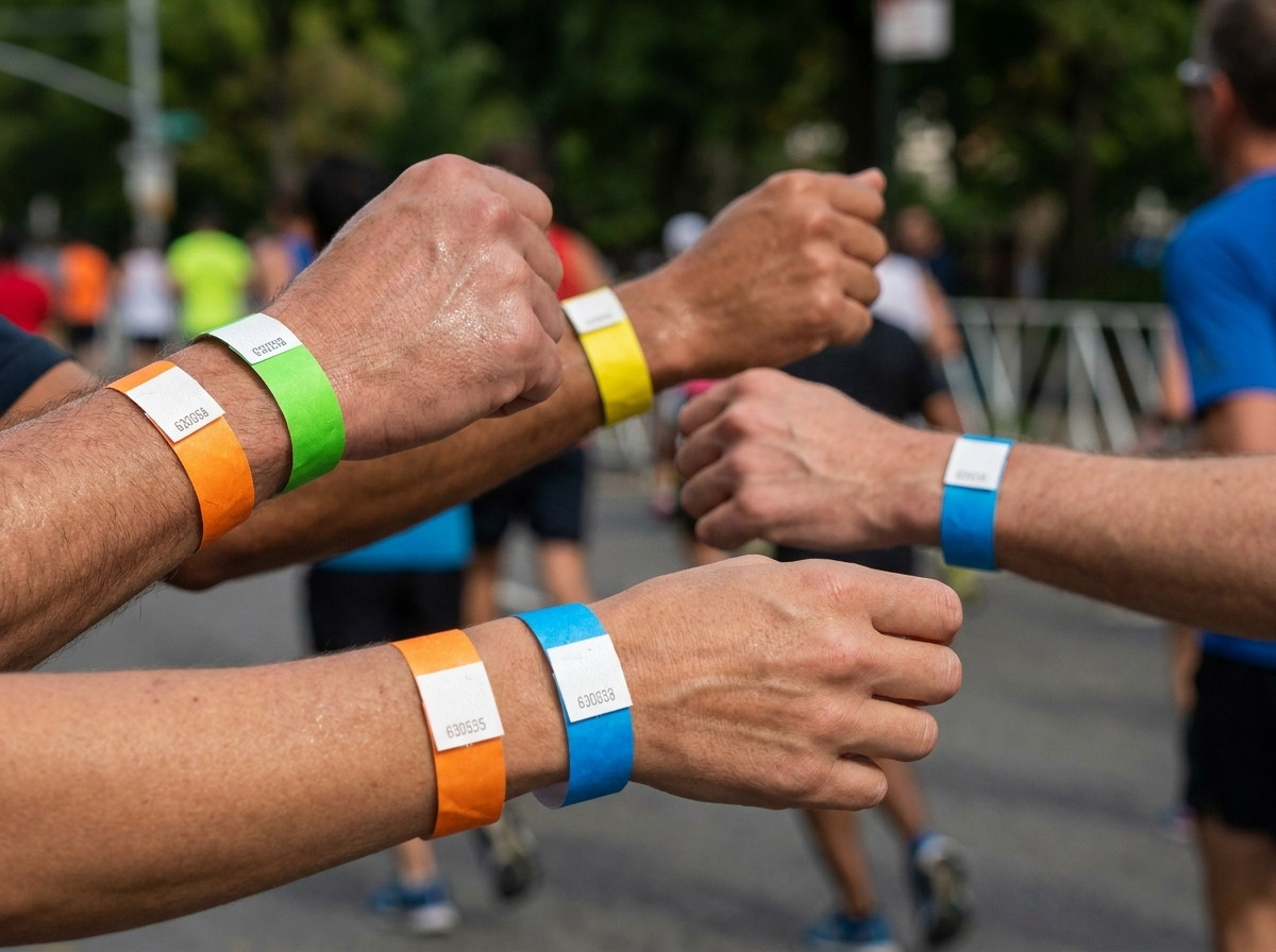 Hardlopers met gekleurde identificatiearmbanden tijdens een stadsmarathon