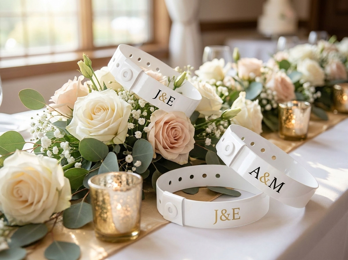 Gepersonaliseerde witte trouwarmbanden met gouden initialen, uitgestald op een bloemen decoratietafel