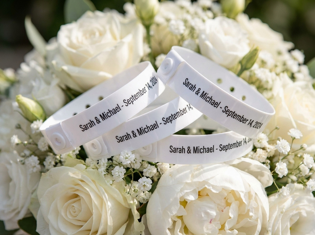 Gepersonaliseerde witte huwelijksceremonie-armbanden met namen van de bruidspaar en datum in goudbedrukking, gelegd op een boeket witte bloemen