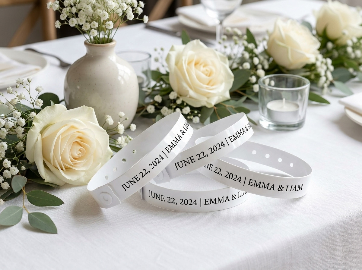 Gepersonaliseerde witte Tyvek-armbanden met namen van het bruidspaar en datum, gelegd op een bruiloftstafel versierd met bloemen