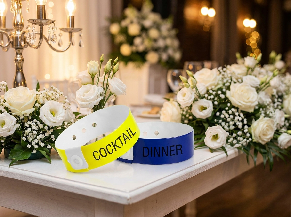 Twee soorten huwelijksarmbanden naast elkaar op een receptietafel versierd met witte bloemen, ter illustratie van het onderscheid tussen cocktail en diner
