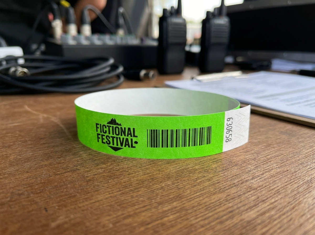 Close-up van een witte papieren polsband met een gedrukt logo om een pols