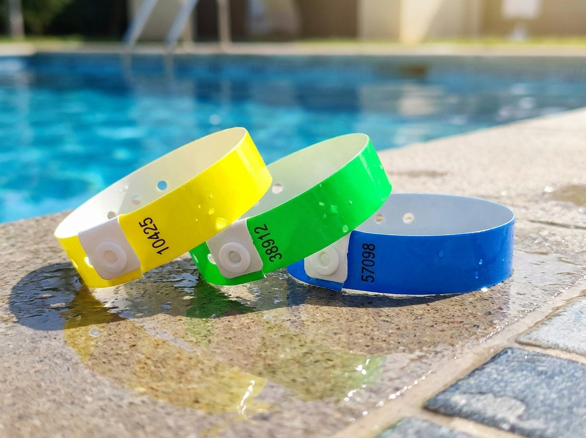 Gepersonaliseerde vinyl PVC-armbanden voor een zwembadomneming, met abonneenummer en QR-code, op de rand van een zwembad gelegd