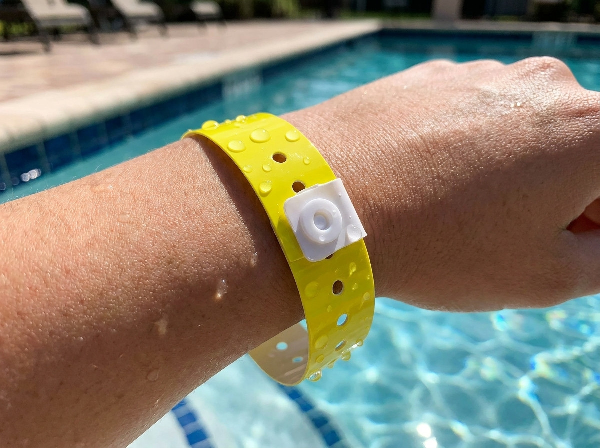 Close-up van een waterdicht vinyl armband gedragen om de pols van een kind aan de rand van een zwembad, met een duidelijk bedrukt telefoonnummer