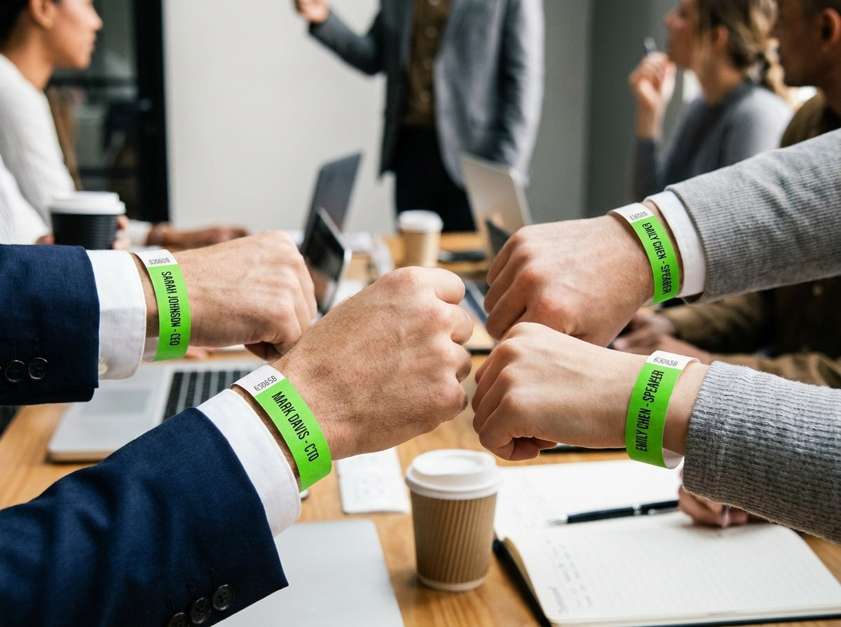 Nominatieve identificatie polsbandjes voor een professionele conferentie, met naam en functie in hoge definitie gedrukt, gedragen aan de pols van deelnemers tijdens een congres
