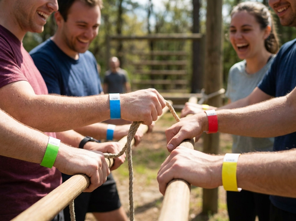 Gekleurde teambuilding polsbandjes gedragen door deelnemers tijdens een buitenactiviteit, waarbij elke kleur een ander team vertegenwoordigt