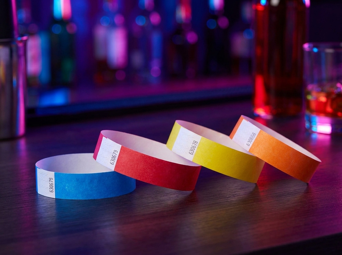 Gekleurde PVC vinyl polsbandjes voor VIP toegang in een nachtclub, uitgelegd op een bartoonbank met sfeerlichten