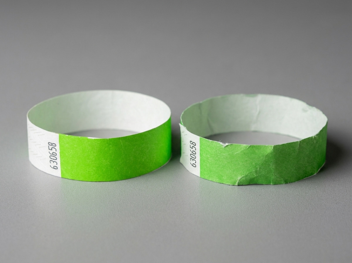 Vergelijking naast elkaar van een natte Tyvek-armband en een natte papieren armband op een buitenoppervlak in de regen