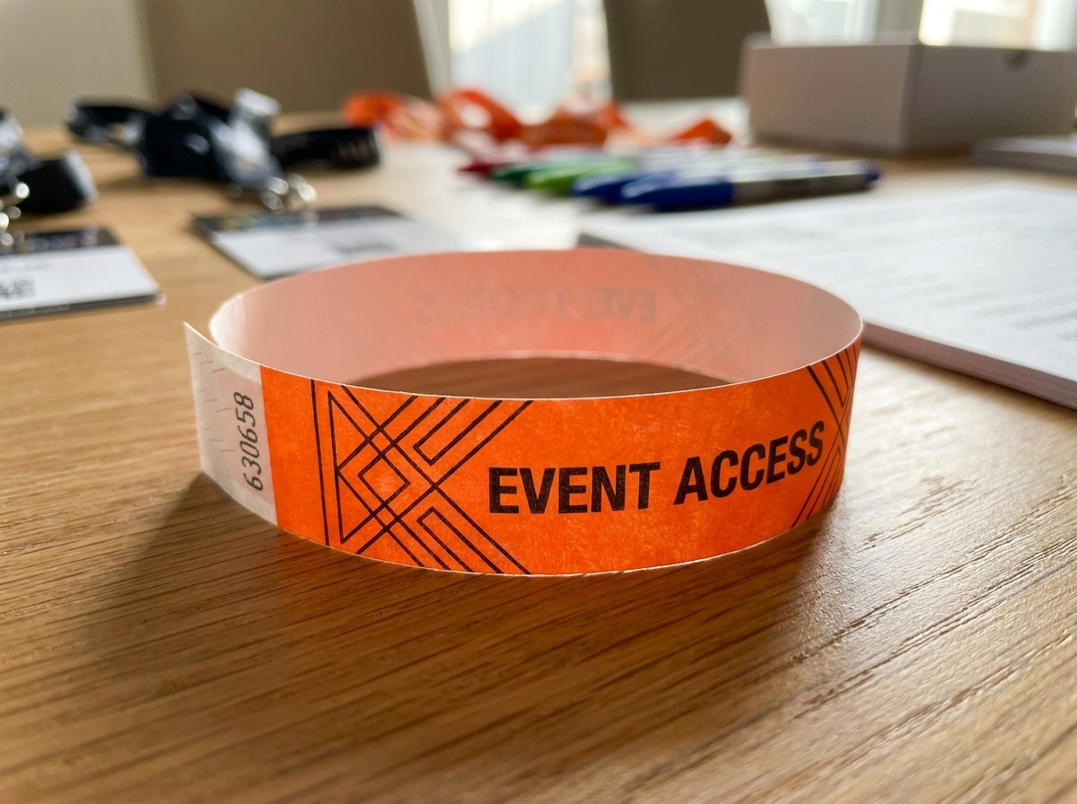 Close-up van een kleurrijke Tyvek-polsband met HD-bedrukking op een tafel met evenementenmateriaal