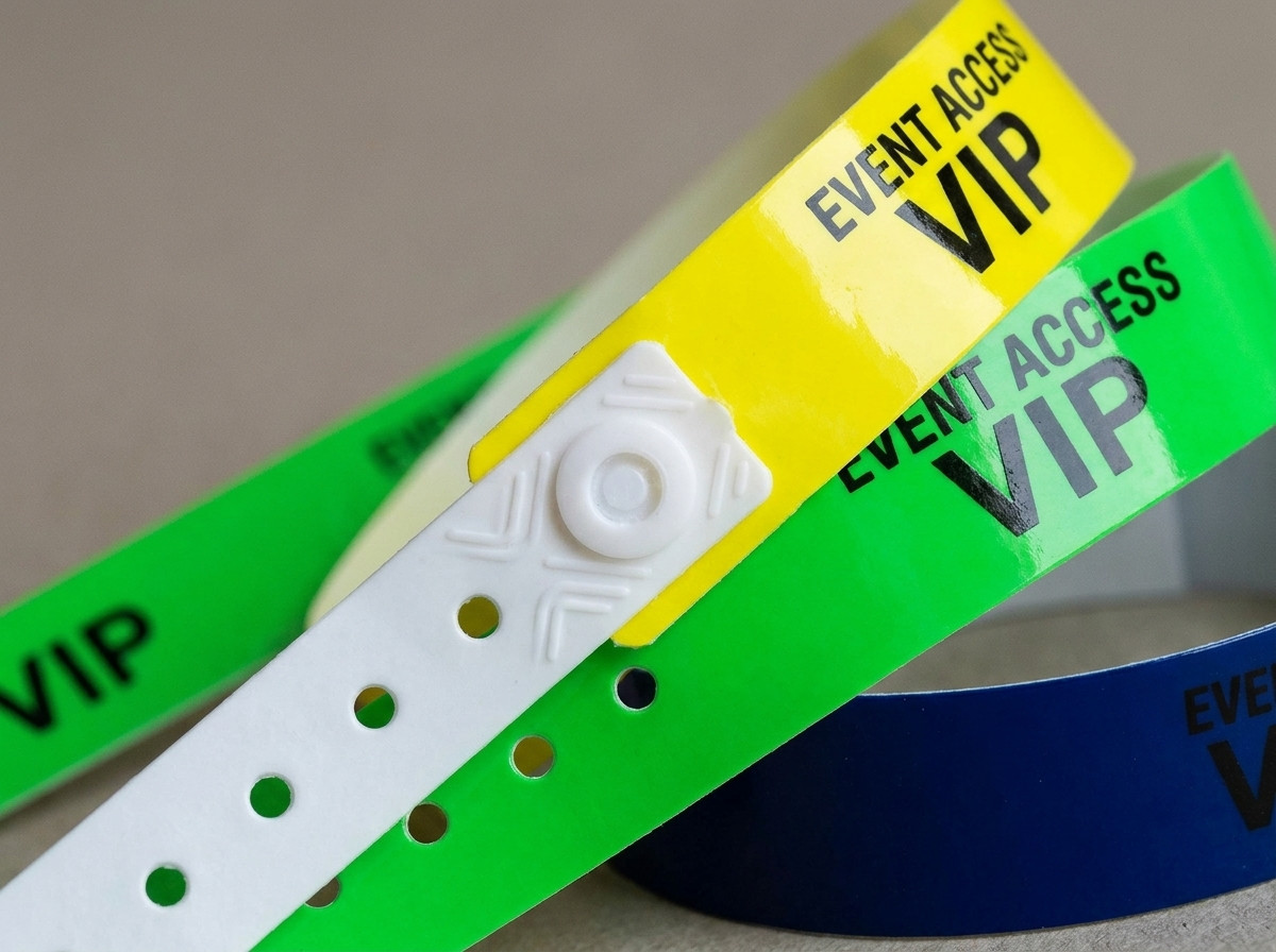 Kleurrijke vinyl PVC-polsbanden met een plastic druksluiting, waarbij het duurzame plastic materiaal zichtbaar is