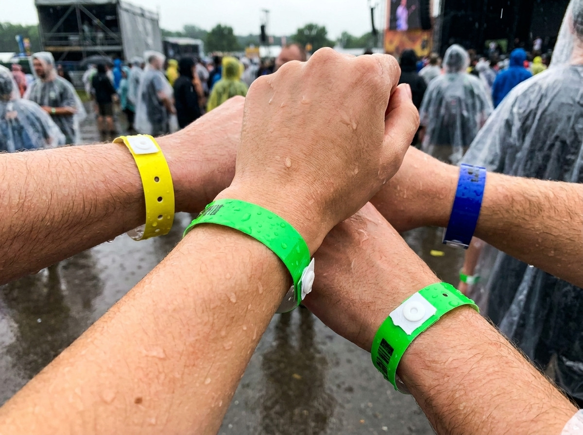 Kleurrijke vinyl PVC-polsbanden om de pols tijdens een meerdaags festival in de regen