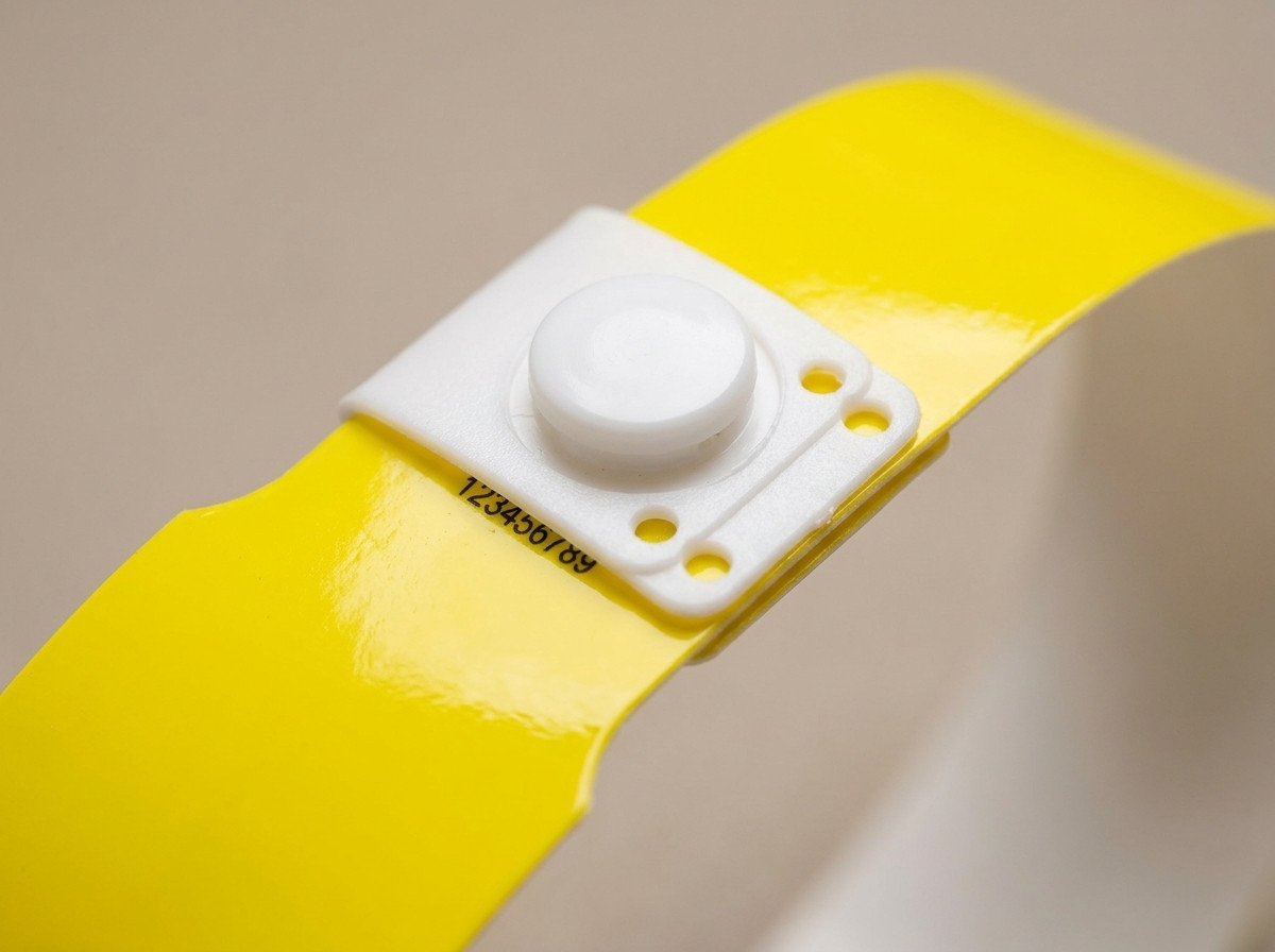 Close-up van een gele vinyl PVC-polsband met een plastic druksluiting
